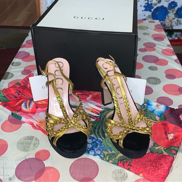 GUCCI Zephyra Crystal Embellished Ankle Strap Sandals Block Heel pump 38.5 sz 8 - Picture 13 of 15